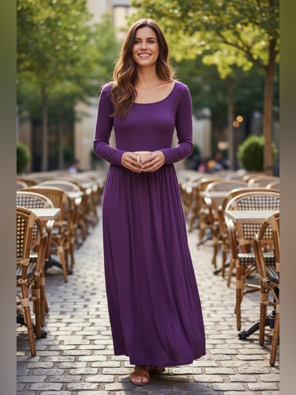 NWT 24seven Comfort Apparel Purple Maxi Dress L Empire Waist Long Sleeve Boho - Picture 4 of 12